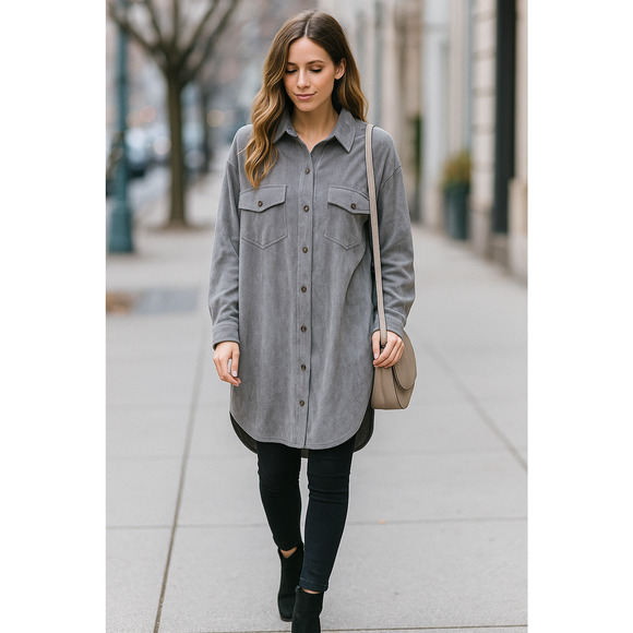 New Easel Los Angeles Oversized Shirt Jacket Coat Gray L Soft Stretch Long” - Picture 2 of 8